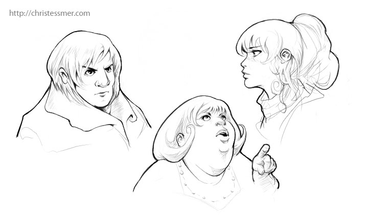Three black and white head portraits