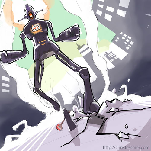 a giant robot rampages through a ruined city toward a small figure holding a stop sign.