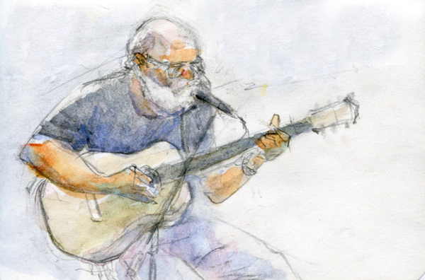 A watercolor and pencil sketch of a white-bearded musician playing an acoustic guitar
